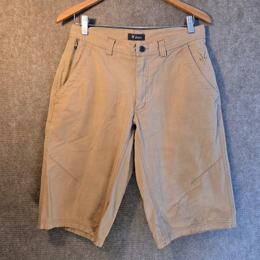 Ibex Shorts Mens 32 Khaki Organic Cotton Chino Zip Pocket GOTS Outdoor Hiking